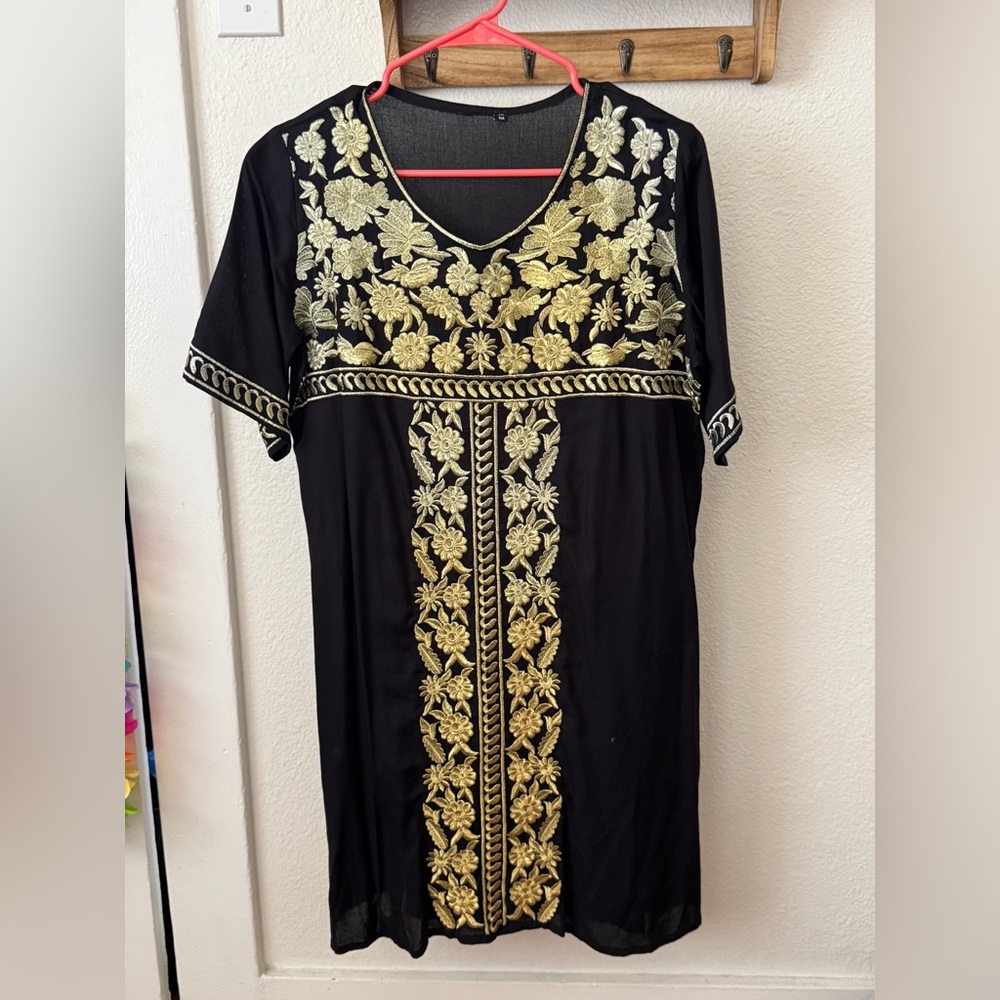Authentic Mexican Black Dress with Gold Embroidery